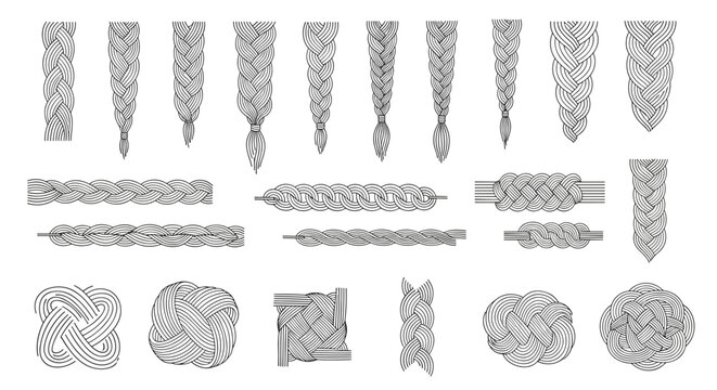 Detailed hand drawn patterns of various hair braids and knots for salon and hairstyling design inspiration in black and white.