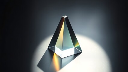 Fototapeta premium rockwell. Clear glass prism refracting rainbow light spectrum on dark surface. STEM education sheets, lab safety posters, designed for biotech research communications, used by data analysts.