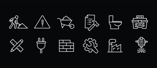 Construction icon set. Containing labor, crane, engineering, equipment, helmet, tool, builder, labour day, renovation architecture, plumbing and more. Editable line icons. Vector illustration. © RosieLily