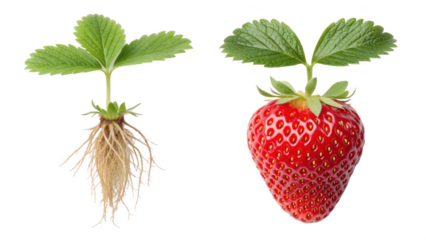 Strawberry plant with roots and ripe fruit