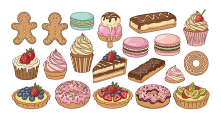 Delicious variety of sweet treats including cupcakes donuts macarons gingerbread men and fruit tarts for bakery themes.