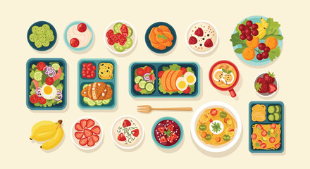 Variety of colorful and nutritious meal prep dishes, fresh fruits, and vegetables neatly organized for healthy eating and diet planning.