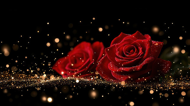 Red rose and red rosebud with glittering gold bokeh and sparkling particles on black background, romantic elegant floral composition with dew drops and soft dramatic lighting