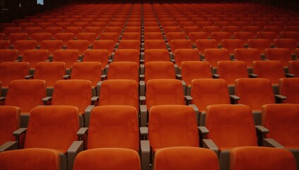 Obraz premium Rows of empty orange seats in a movie theater, a visual representation of anticipation and vacant spaces