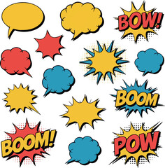 Create Cartoon comic sign burst clouds. Speech bubble, boom sign expression and pop art text frames. Comics mem expressions speech, superhero book bubbles label. Isolated vector symbols © MDKHURSHED