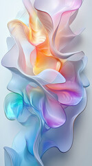 Obraz premium Flowing pastel fabric like abstract shape with iridescent sheen, soft translucent layers and warm glowing center, elegant organic motion evoking calm and wonder
