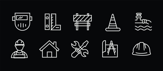 Construction icon set. Containing labor, crane, engineering, equipment, helmet, tool, builder, labour day, renovation architecture, plumbing and more. Editable line icons. Vector illustration. © RosieLily