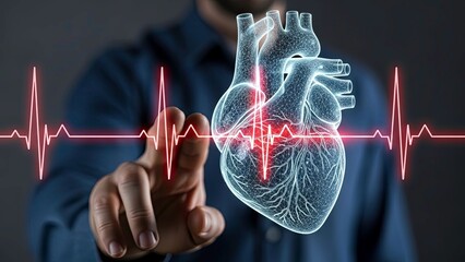 Mans Hand Interacting with Holographic Heart and Ecg Waveform for Medical Diagnostics