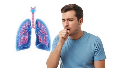 Young Man Coughing Next to Lungs and Trachea Medical Illustration