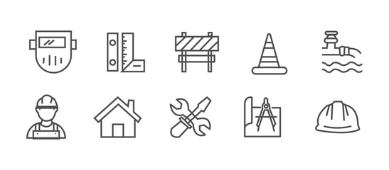 Construction icon set. Containing labor, crane, engineering, equipment, helmet, tool, builder, labour day, renovation architecture, plumbing and more. Editable line icons. Vector illustration. © RosieLily