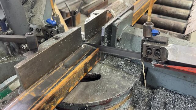 Metalworking machine saw cutting a steel bar, with sparks flying, precise blade action, and coolant spray ensuring clean, accurate cuts.