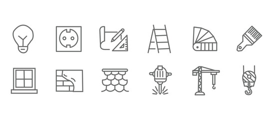 Construction icon set. Containing labor, crane, engineering, equipment, helmet, tool, builder, labour day, renovation architecture, plumbing and more. Editable line icons. Vector illustration. © RosieLily