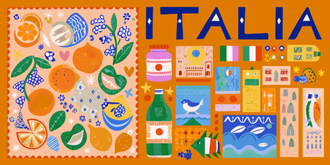 Colorful illustration of italian culture with fruits buildings and national flag
