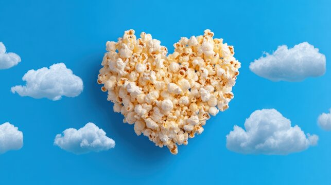National Popcorn Day A heart shape composed of fresh popcorn kernels floating in a bright blue sky with white clouds Cinema Snack Vibes, Popcorn Lover Day