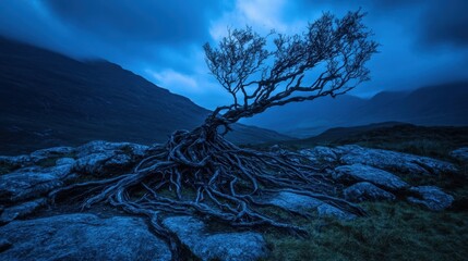 A solitary dead tree with exposed gnarled roots emerging from barren rocky ground against a dramatic blue twilight sky and distant mountains