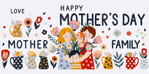 Obraz premium A heartwarming illustration celebrating mother s day with family and floral elements