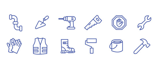 Construction icon set. Containing labor, crane, engineering, equipment, helmet, tool, builder, labour day, renovation architecture, plumbing and more. Editable line icons. Vector illustration. © RosieLily