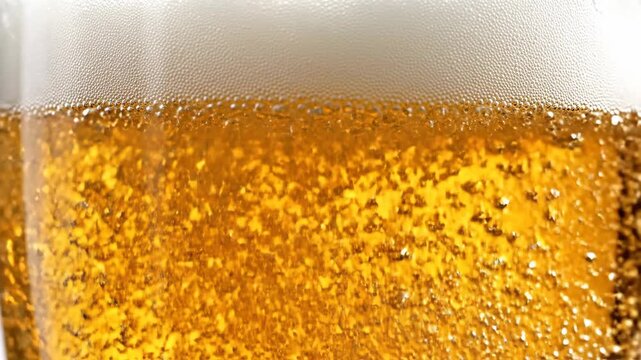 Closeup bubbly beer pouring with rising bubbles in three glasses