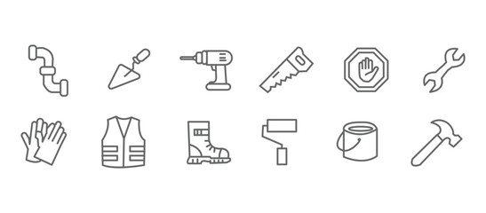 Construction icon set. Containing labor, crane, engineering, equipment, helmet, tool, builder, labour day, renovation architecture, plumbing and more. Editable line icons. Vector illustration. © RosieLily