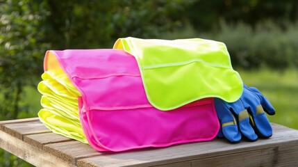 A stack of brightly colored safety vests in pink and neon yellow green
