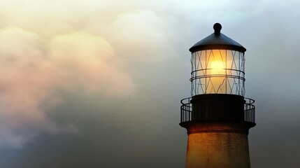 A solitary lighthouse tower with its bright light illuminated against a dark stormy sky