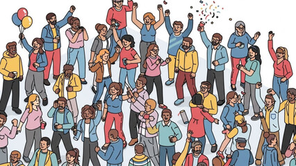 Diverse group of people celebrating together with confetti and balloons in a vibrant joyful atmosphere with celebration and happiness and community