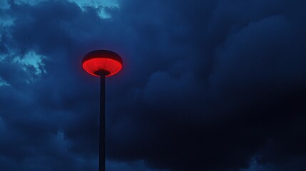 A solitary red warning beacon flashes rhythmically against a dark and cloudy night sky, emitting a bright, ominous glow.