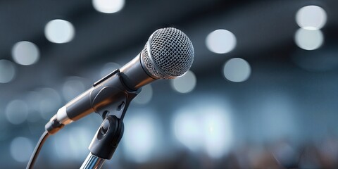 Stage Microphone Close-up: a close-up shot of a microphone positioned on a stand, hinting at an imminent speech or musical performance, with a blurred backdrop hinting an audience in anticipation