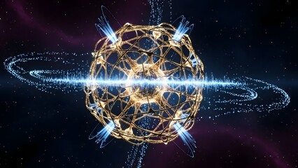 Golden Neural Sphere in Deep Space with Blue Energy Waves and Glowing Digital Particle Rings for Quantum Science and AI Concept