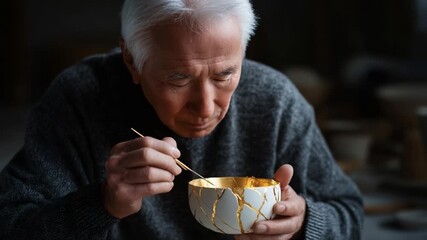 An elderly artisan meticulously repairs a beautiful ceramic bowl using traditional techniques that exemplify skill and dedication in the art of pottery restoration.