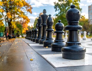 Fototapeta premium Large outdoor chess set displayed, showcasing black pieces in focus, autumn leaves scattered on the ground with background trees