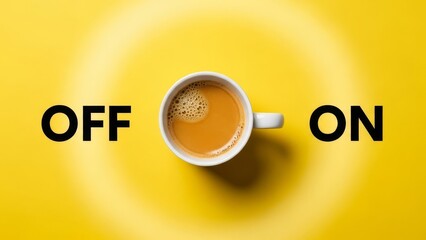 A minimalist top-down image features a steaming cup of coffee positioned between the words 'OFF' and 'ON', set against a bright, warm yellow background with a halo effect.