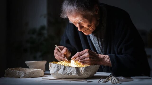 An Artisan Artisanically Crafts a Golden Inlay Within a Stone, Illuminated by Gentle Light, Showcasing the Dedicated Precision and Passion of Traditional Craftsmanship