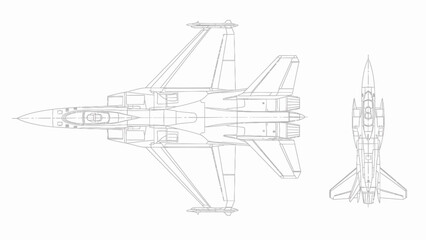 Obraz premium Detailed technical drawing of a fighter jet from multiple viewpoints