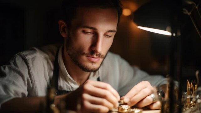 Focused Craftsmanship: A Dedicated Watchmaker Skillfully Assembles Intricate Timepieces Under Warm Lighting, Emphasizing Precision and Attention to Detail