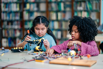 Fototapeta premium African American girl participates robotics experiment with Asian girl, focusing electronics assembly, technology skills training, inclusive STEM education, cooperation learning, library classroom.