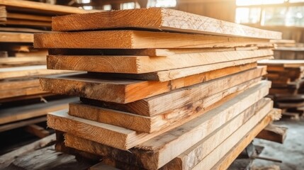 Fototapeta premium A stack of unvarnished wooden planks showing natural grain patterns and textures