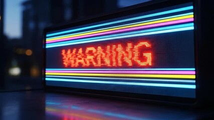 Warning Sign: A striking close-up shot of a brightly lit WARNING sign. The word is rendered in a vivid, eye-catching font against a backdrop of colorful light.