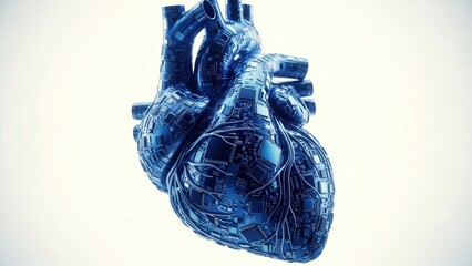A blue robotic heart with circuit board details
