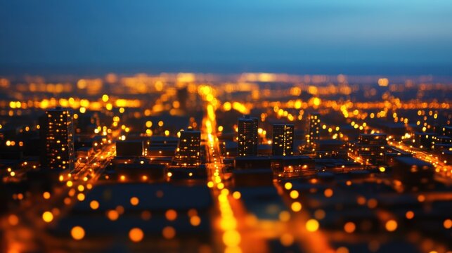 A sprawling miniature city scale model viewed at night with countless glowing orange lights illuminating its urban landscape