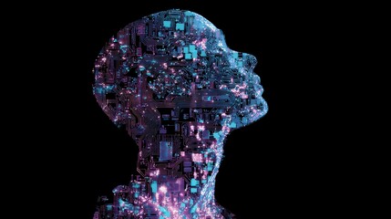 Silhouette of a human head filled with a futuristic, complex digital network, illuminated in vibrant blues and purples