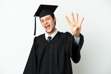 Young university Russian graduate isolated on white background happy and counting four with fingers