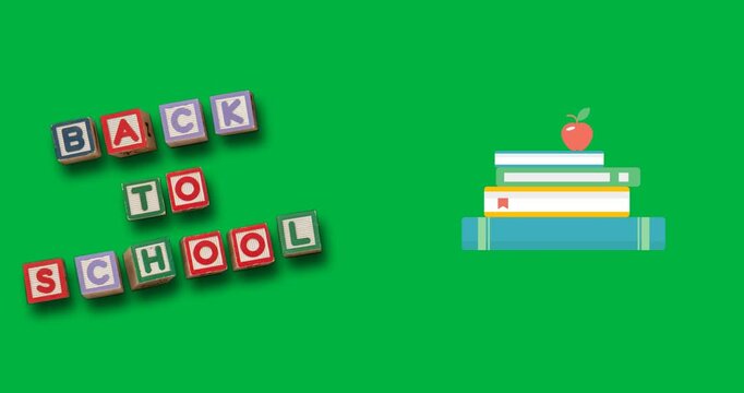 Digital animation of back to school text on blocks and stack of books icons against black background