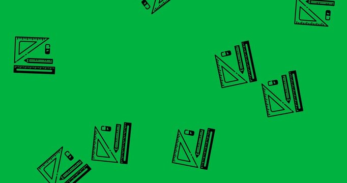 Digital animation of multiple geometry equipment icons falling against white background