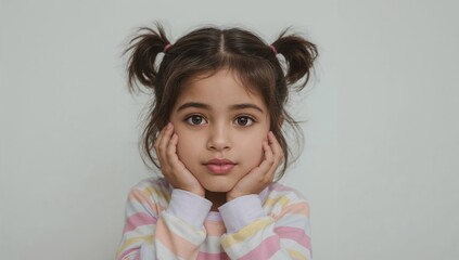 A young girl with adorable pigtails rests her chin on her hands with a neutral expression against a plain background