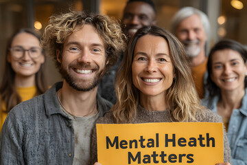 Diverse group of people smiling while holding a sign promoting mental health awareness