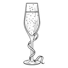 Champagne glasse wrapped and decorated in streamers vector line art illustration. Festive New Year's celebration with sparkling wine in flute. Carnival drinking and anniversary retro sketch.