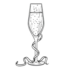 Champagne glasse wrapped and decorated in streamers vector line art illustration. Festive New Year's celebration with sparkling wine in flute. Carnival drinking and anniversary retro sketch.