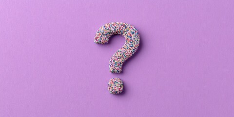 National Trivia Day Question mark symbol made of colorful sprinkles rests on a purple textured surface Brain Teaser Day