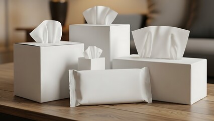 Various white tissue boxes and a wet wipe pack on a wooden table, ready for use.